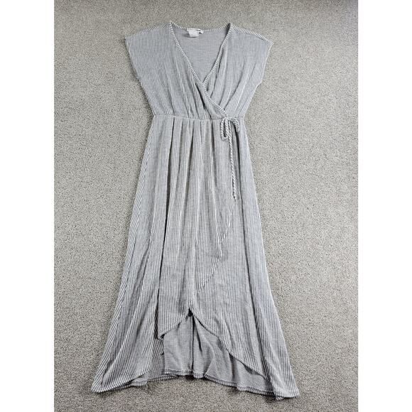 Caution to the Wind Faux Wrap Dress Womens M Gray Stripes Sleeveless Stretch - Picture 1 of 12